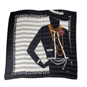 Chanel 80s Jewelry Madame Coco Black and Ecru Square Silk Scarf W/Box